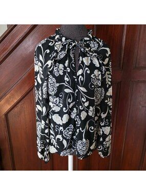 Haven & Blair Black Floral Print Long Sleeve Blouse With Tie Neck Medium